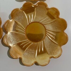 Fire King Peach Luster Lotus Leaf Blossom Set 4 Plates Saucers